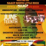 Colorful flyer promoting the “Juneteenth Tea & Fashion Show” hosted by the NAACP North Little Rock Unit. The design features vibrant red, yellow, green, and black tones with silhouettes of faces filled with African textile patterns. Small images of models wearing traditional African attire such as Kente, Toghu/Atoghu, and Dashiki appear across the center. The text announces “Celebrating Freedom” and highlights themes of emancipation, jubilation, and education. Event details include: Saturday, June 13, 2026, at 3:00 p.m., Shorter College Student Union, 604 N. Locust Street, North Little Rock, AR 72114. The flyer notes voter registration availability, food and fun, and that the event is free to the public. Contact information for President Deborah F. Rhodes and NAACP email addresses are listed for those interested in modeling African attire.