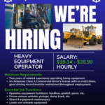 Recruitment poster for the City of North Little Rock announcing a job opening for a Heavy Equipment Operator. The design features large text reading “We’re Hiring,” photos of a worker operating machinery and a yellow bulldozer, and details about salary, requirements, and job duties on a blue background.