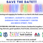Colorful flyer announcing “Family Fun Day” on Saturday, August 8 from 10 a.m. to 2:30 p.m. at Sherman Park Community Center, 624 Beech Street, North Little Rock. Includes event details, activities, and contact information.