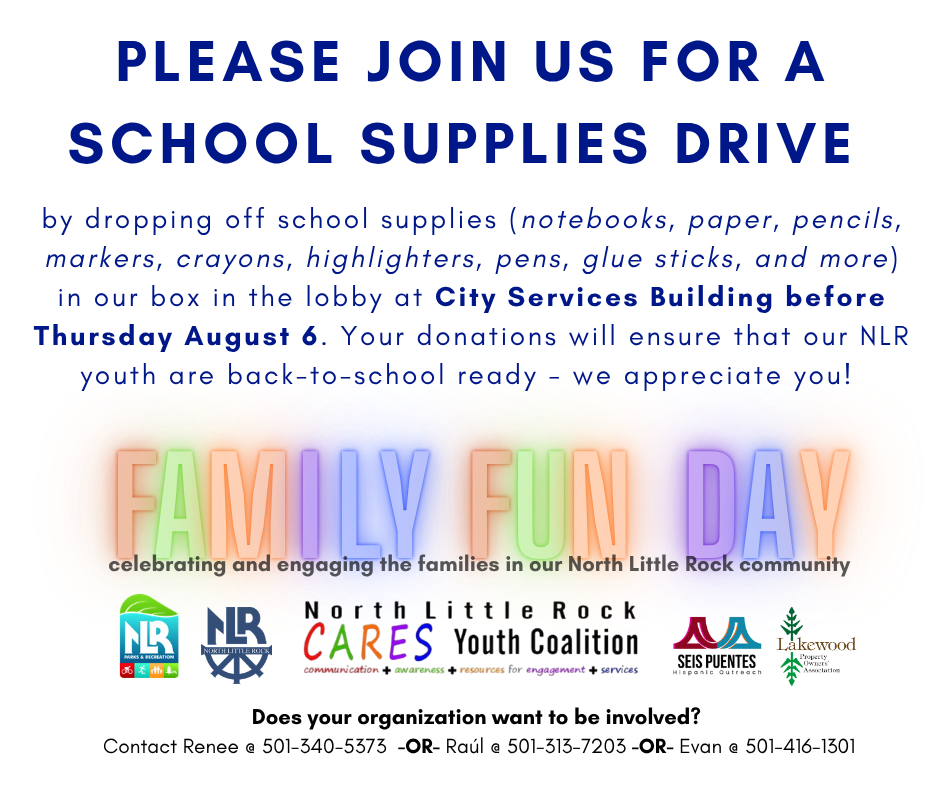 Flyer promoting a school supplies drive supporting North Little Rock youth, with donation details and contact information.
