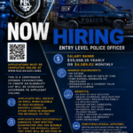 Recruitment poster for the North Little Rock Police Department featuring a police officer in uniform and a patrol SUV parked in front of a modern, blue-lit building. Large text reads “Now Hiring Entry Level Police Officer.” The poster includes salary details, minimum requirements, benefits, and application instructions, with a QR code linking to the city’s job site.
