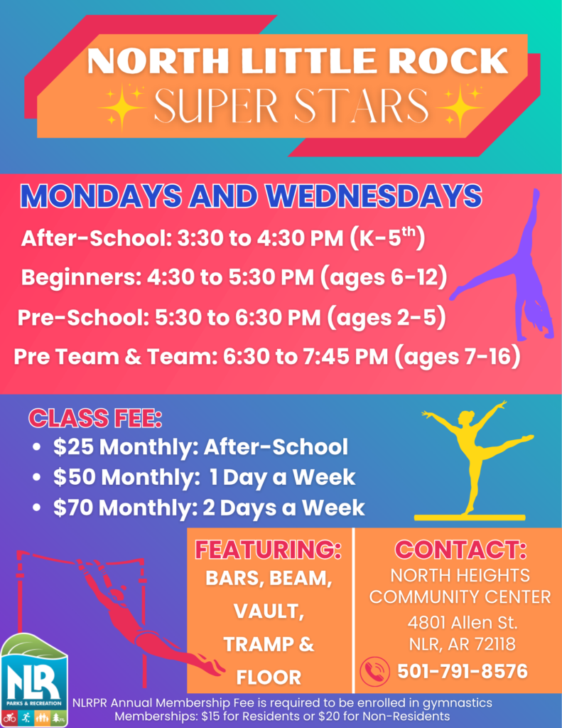 Colorful flyer for the North Little Rock Super Stars gymnastics program. The design features bright blue, pink, orange, and purple tones with silhouettes of gymnasts performing on bars, beam, and floor. Text details class times, fees, and contact information for the North Heights Community Center.