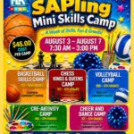Colorful flyer for the SAPling Mini Skills Camp hosted by North Little Rock Parks & Recreation. The design features bright blue, yellow, red, and green backgrounds with stars and sports imagery including a basketball, chess pieces, volleyball, paintbrushes, and a cheerleading pom-pom. Text highlights camp dates, times, cost, and locations for various skill-building programs.