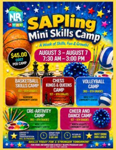 Colorful flyer for the SAPling Mini Skills Camp hosted by North Little Rock Parks & Recreation. The design features bright blue, yellow, red, and green backgrounds with stars and sports imagery including a basketball, chess pieces, volleyball, paintbrushes, and a cheerleading pom-pom. Text highlights camp dates, times, cost, and locations for various skill-building programs.