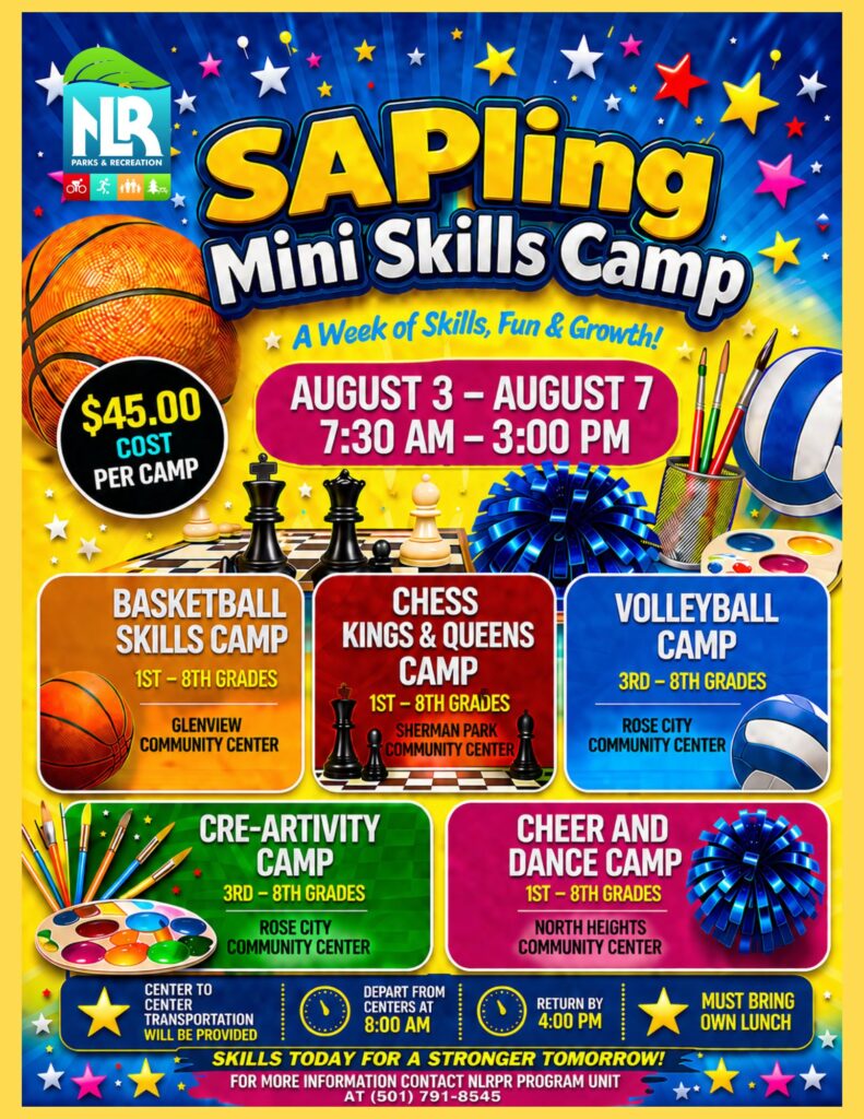 Colorful flyer for the SAPling Mini Skills Camp hosted by North Little Rock Parks & Recreation. The design features bright blue, yellow, red, and green backgrounds with stars and sports imagery including a basketball, chess pieces, volleyball, paintbrushes, and a cheerleading pom-pom. Text highlights camp dates, times, cost, and locations for various skill-building programs.