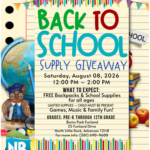 Colorful flyer for a “Back to School Supply Giveaway” event hosted by North Little Rock Parks & Recreation. The design features notebook paper with multicolored pennant banners, a globe, apples, stacked books, and alphabet blocks spelling “SCHOOL.” Event details include date, time, location, and information about free backpacks, school supplies, games, and family fun.