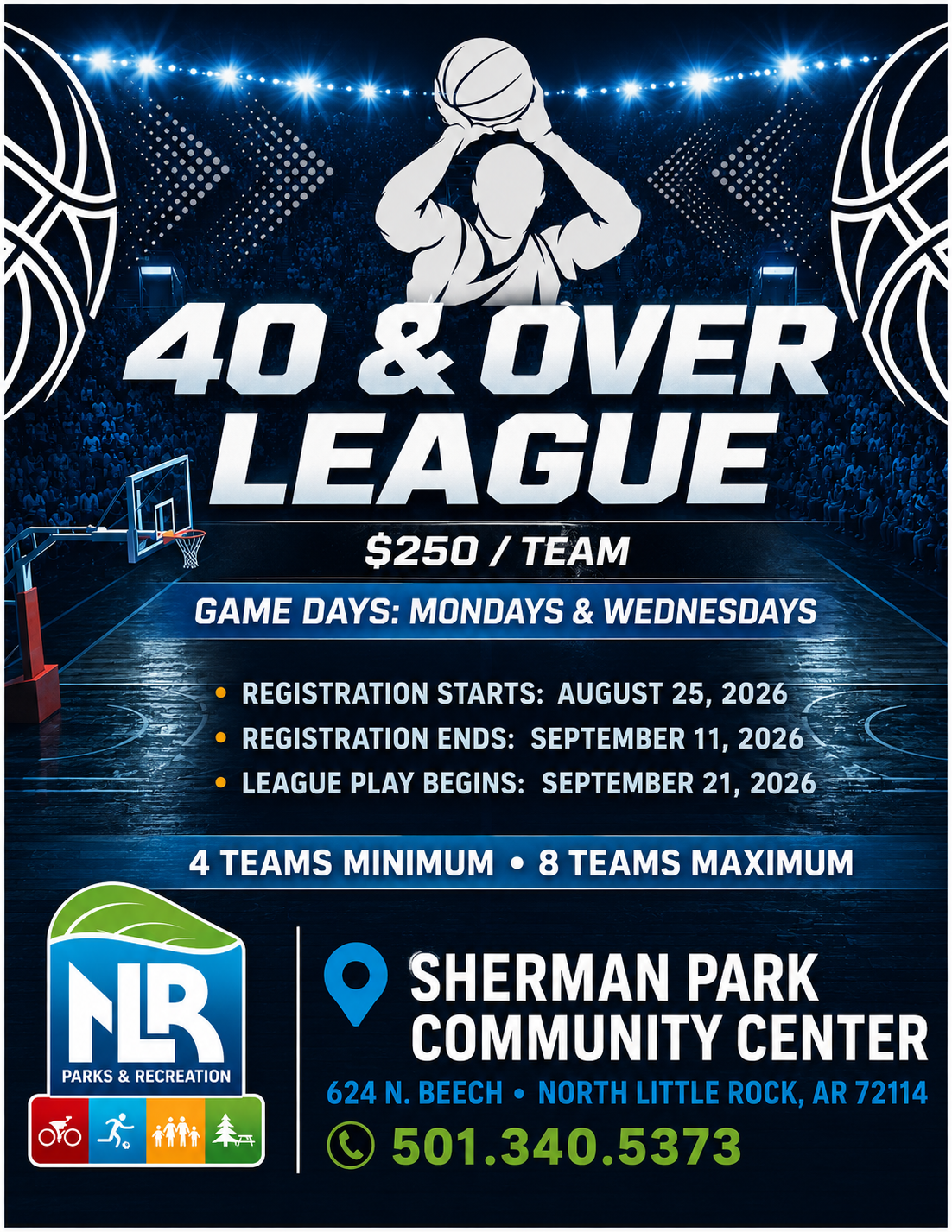 Promotional poster for the North Little Rock Parks & Recreation “40 & Over League.” The design features a stylized basketball player holding a ball above their head on a brightly lit court with a blue stadium background. Large white text reads “40 & Over League – $250 / Team.” Additional details include game days (Mondays & Wednesdays), registration dates (August 25–September 11, 2026), and league start date (September 21, 2026). The bottom section lists “4 teams minimum, 8 teams maximum” and contact information for Sherman Park Community Center, 624 N. Beech, North Little Rock, AR 72114, phone number 501-340-5373. The North Little Rock Parks & Recreation logo appears with icons for cycling, swimming, running, and nature.