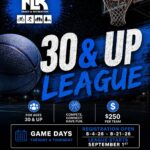 Promotional poster for North Little Rock Parks & Recreation’s 30 & Up Basketball League. The design features a basketball, hoop, and bold blue and white text against a dark background. Key details include registration dates, fees, and location information.