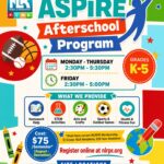 Bright, playful flyer for North Little Rock Parks & Recreation’s Aspire Afterschool Program for grades K–5, showing schedule, activities, cost, and registration details.