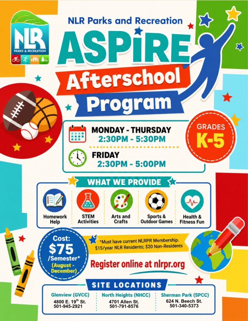 Bright, playful flyer for North Little Rock Parks & Recreation’s Aspire Afterschool Program for grades K–5, showing schedule, activities, cost, and registration details.