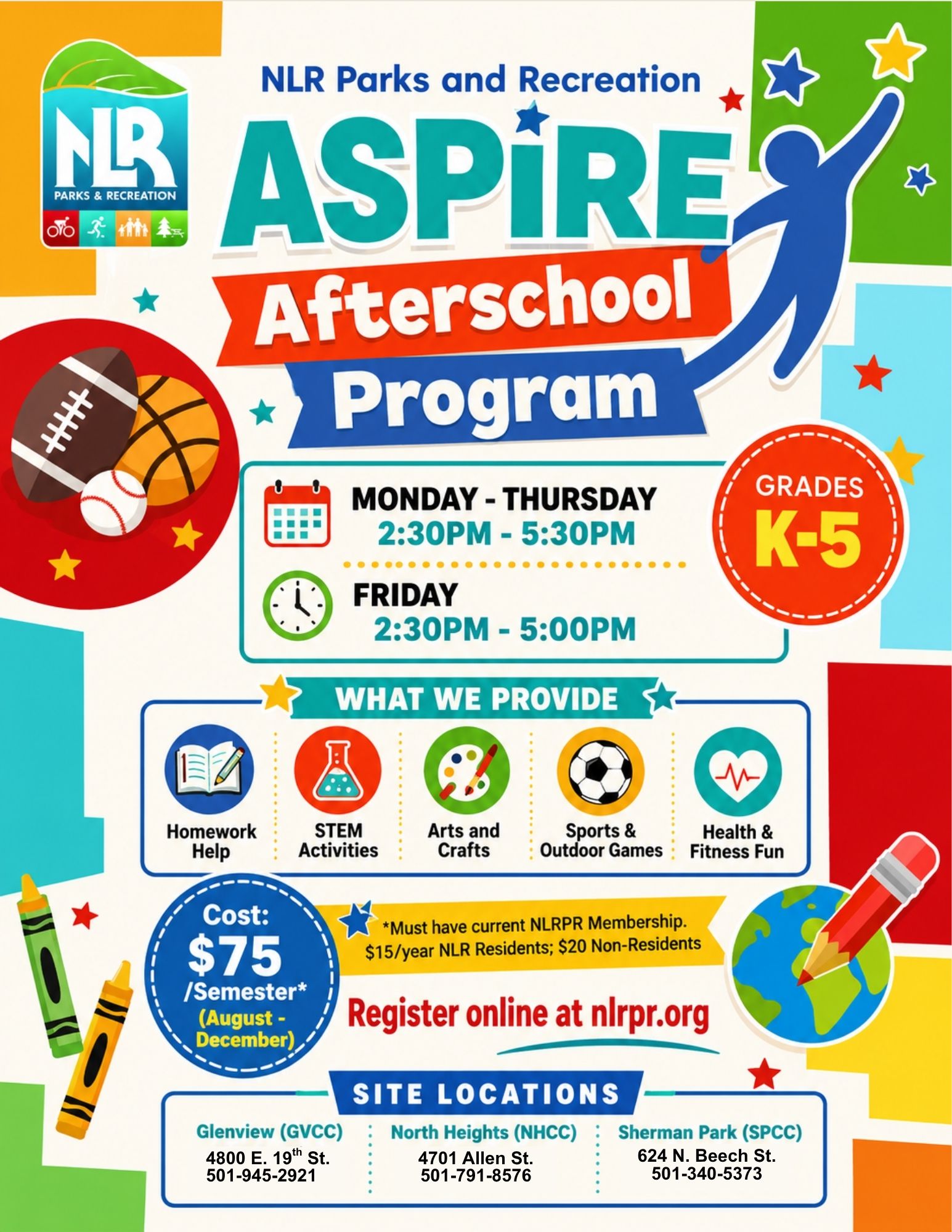 Bright, playful flyer for North Little Rock Parks & Recreation’s Aspire Afterschool Program for grades K–5, showing schedule, activities, cost, and registration details.