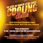 Promotional flyer for the City of North Little Rock Cooling Center, showing location, hours, and contact information in bold gold text on a warm gradient background.