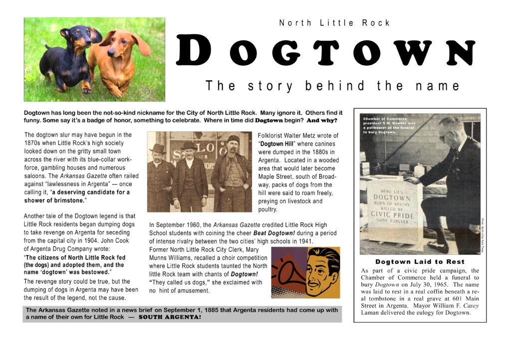 Informational poster titled “Dogtown: The story behind the name,” explaining the origin of North Little Rock’s nickname. The layout includes photos of two dogs on grass, three men in old-fashioned clothing, and a man beside a tombstone that reads “Here lies Dogtown, born of apathy, killed by civic pride, gone forever.” Text describes historical anecdotes about how “Dogtown” became associated with North Little Rock, including tales of dumped dogs, local rivalry, and a civic campaign to retire the name.