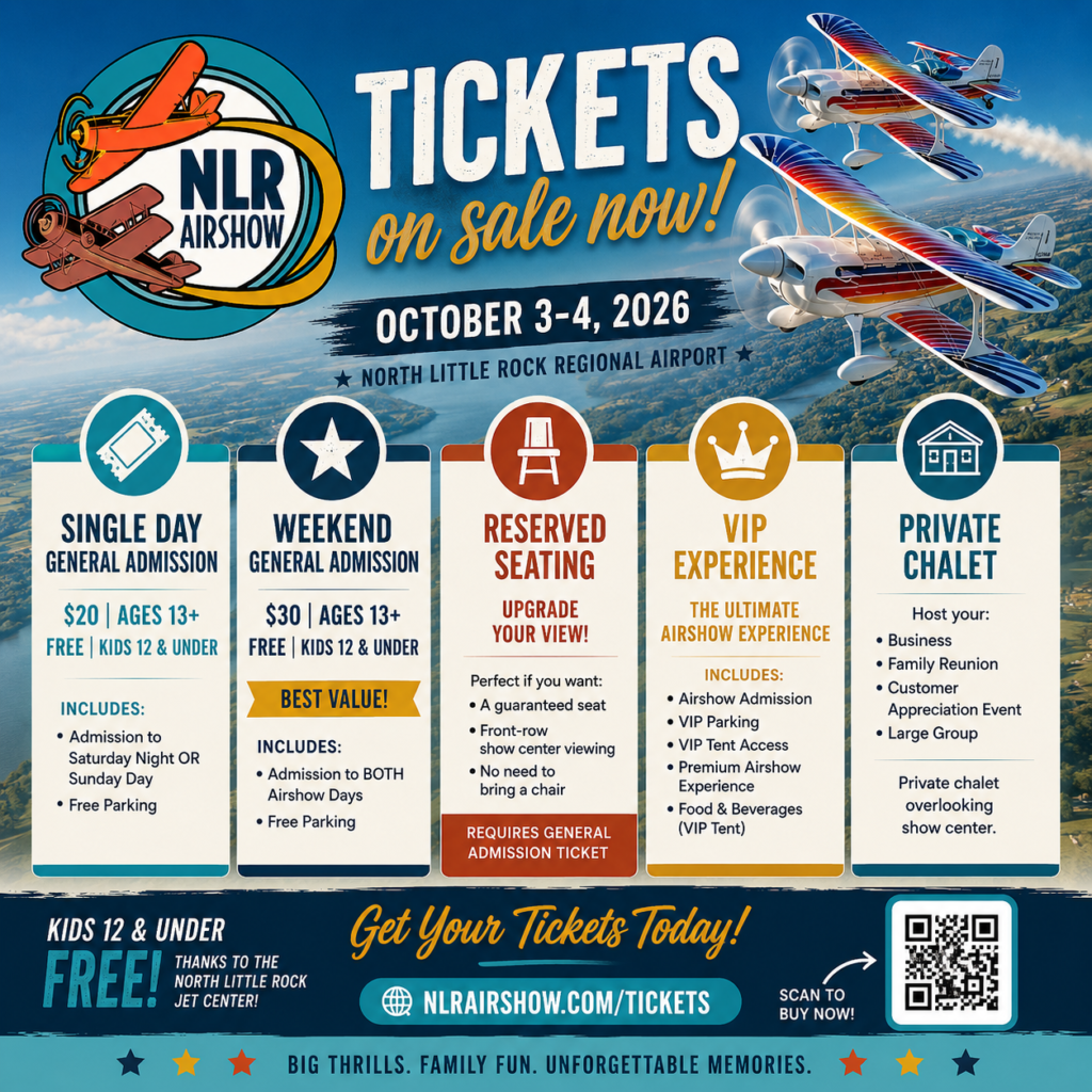 Promotional poster for the North Little Rock Airshow, happening October 3–4, 2026 at North Little Rock Regional Airport.