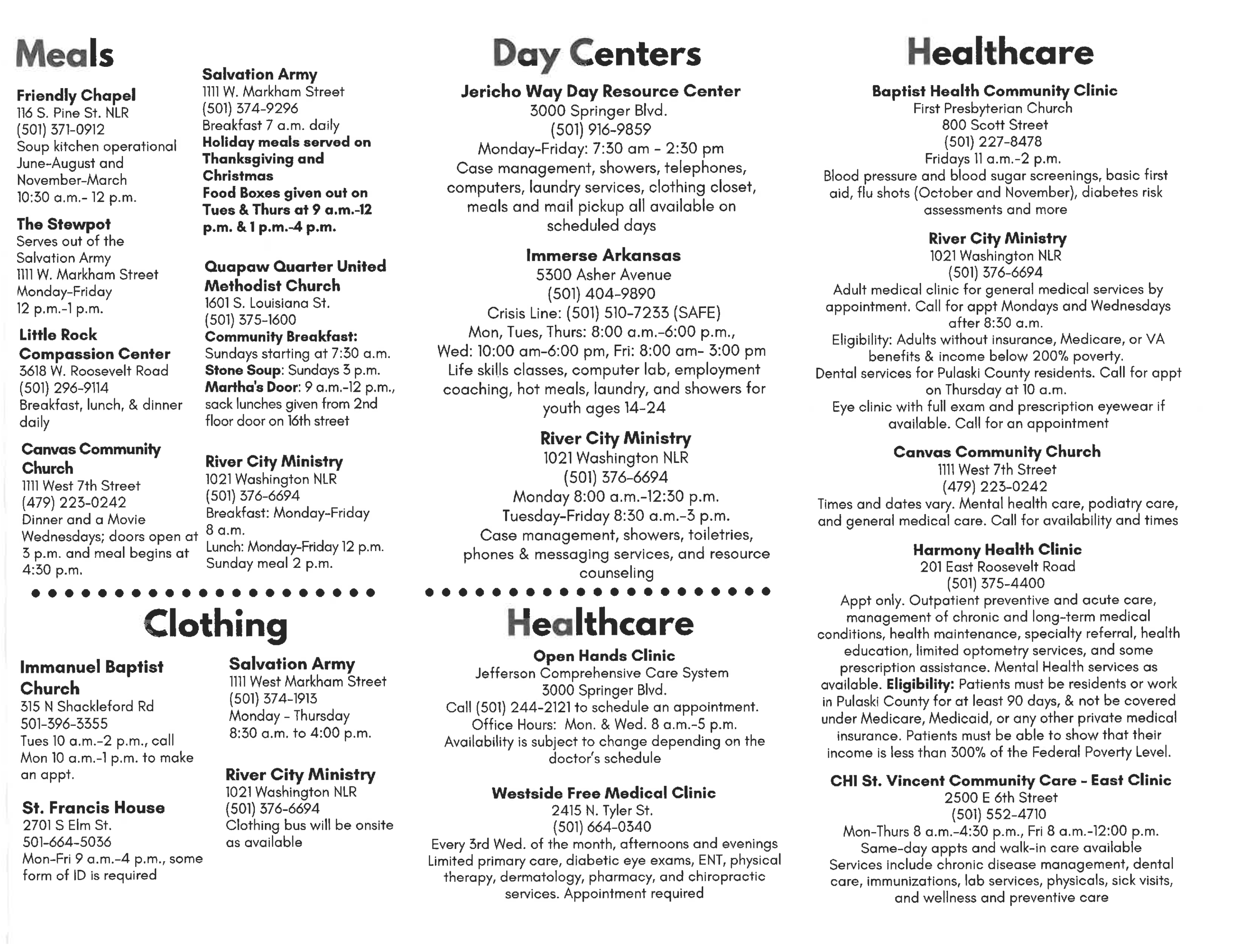 Printed resource guide listing community services under categories: Healthcare, Day Centers, Meals, and Clothing. The layout features black text on a white background with bold section headers and detailed listings of organizations, addresses, phone numbers, and hours.