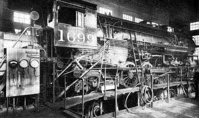 Mikado 1699, MoPac's other three-cylinder experiment, was placed on Pennsy's test plant in Altoona, Pa., en route from Brooks plant of builder to the railroad.
