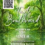 Decorative event flyer featuring a watercolor-style green bayou landscape with trees draped in Spanish moss reflected in calm water. A QR code appears in the upper left corner. White text reads: “Taste of the Boulevard,” “October 8th, 6-9pm,” “Venue 10,” “An Evening to Benefit the White Oak Bayou Wetlands Conservancy,” and “Black Tie Optional.”