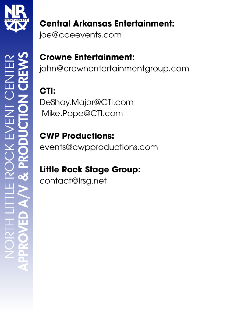 Informational graphic listing AV and production crews for NLR Event Center