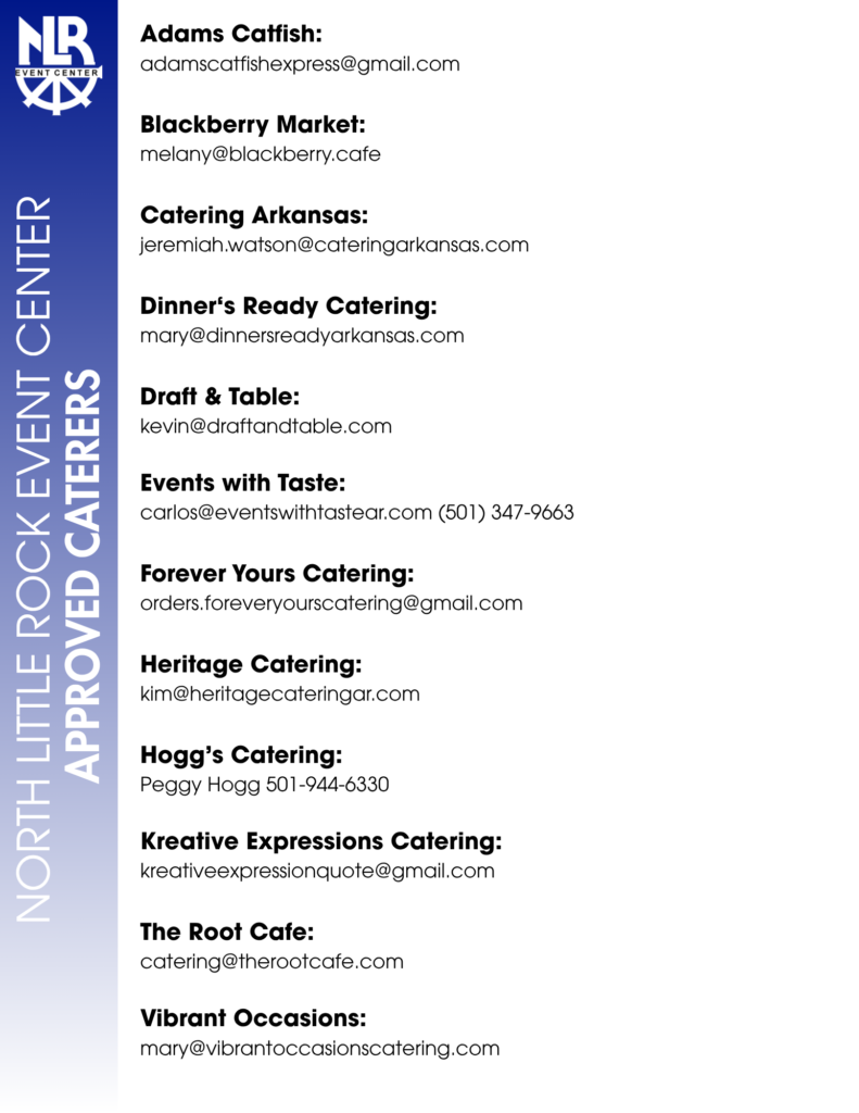 Informational flyer listing catering vendors for NLR Event Center