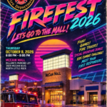 Promotional flyer for Firefest 2026 at McCain Mall featuring a retro 1980s neon design. The North Little Rock Fire Department logo and McCain Mall logo appear at the top. Large colorful text reads “Firefest 2026: Let’s Go to the Mall!” A photo of McCain Mall at night is shown with a fire engine parked in the foreground, its emergency lights reflecting on the wet pavement. Event details list Thursday, October 8, 2026, from 6:00 p.m. to 8:00 p.m. at McCain Mall, Dillard’s parking lot, 3929 McCain Blvd., North Little Rock. Additional text promotes food, games, fire trucks, special operations demonstrations, a kids combat challenge, and opportunities to meet first responders during Fire Prevention Week.