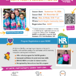 Colorful flyer promoting registration for Girls on the Run at North Heights Community Center. The design features photos of smiling girls wearing teal “Girls on the Run” shirts and medals, along with bright graphics like stars, hearts, and lightning bolts. Text highlights program details, dates, fees, and benefits, with a QR code for registration and the North Little Rock Parks & Recreation logo.