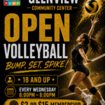 Promotional poster for Glenview Community Center’s Open Volleyball program. The design features a female volleyball player jumping near a net, reaching to hit a volleyball in midair. The background is dark with gold and white text that reads: “Glenview Community Center — Open Volleyball — Bump, Set, Spike!” Event details include “18 and up,” “Every Wednesday, 6:00 PM–8:00 PM,” and “$2 or $15 membership.” The bottom section lists the location (4800 East 19th, North Little Rock, AR 72117) and contact number (501-945-2921). The North Little Rock Parks & Recreation logo appears in the top left corner.