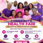Flyer promoting the BreastCare365 Community Health Fair, showing a smiling multigenerational group wearing pink and purple shirts with breast cancer awareness ribbons. Event details highlight free health screenings, education, Narcan training, and family activities.