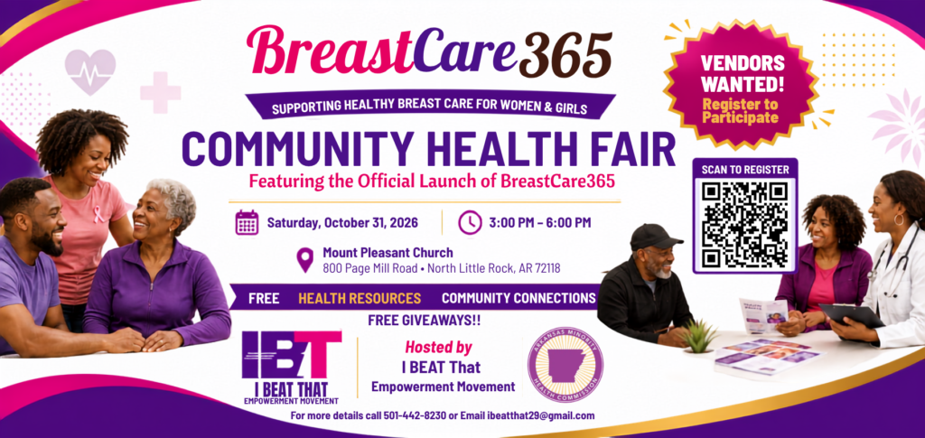 Flyer announcing the BreastCare365 Community Health Fair and vendor registration opportunity. Includes event details, photos of people discussing health information, and a QR code for registration.