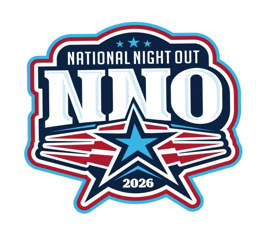 National Night Out 2026 logo featuring large white letters "NNO" outlined in dark blue. The words "National Night Out" appear above the letters, and "2026" appears below inside a large blue star. The design uses red, white, and blue patriotic colors with stars and banner-style accents on a light gray background.