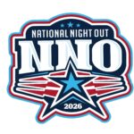 National Night Out 2026 logo featuring large white letters "NNO" outlined in dark blue. The words "National Night Out" appear above the letters, and "2026" appears below inside a large blue star. The design uses red, white, and blue patriotic colors with stars and banner-style accents on a light gray background.