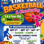 Colorful flyer promoting North Little Rock Parks and Recreation’s Tiny Tot Basketball & Cheerleading program. The design features bright blue, orange, yellow, and pink colors with stars, basketballs, and silhouettes of children playing and cheering. Text announces registration for 3- and 4-year-old boys and girls, with dates September 5, 12, and 19 from 10 a.m. to 4 p.m. at Glenview Community Center, 4800 E. 19th Street, North Little Rock. The flyer lists a $20 fee, a Jamboree on October 17, and games beginning October 24. The bottom banner includes the North Little Rock Parks and Recreation logo, website (nlrpr.org), and contact information.