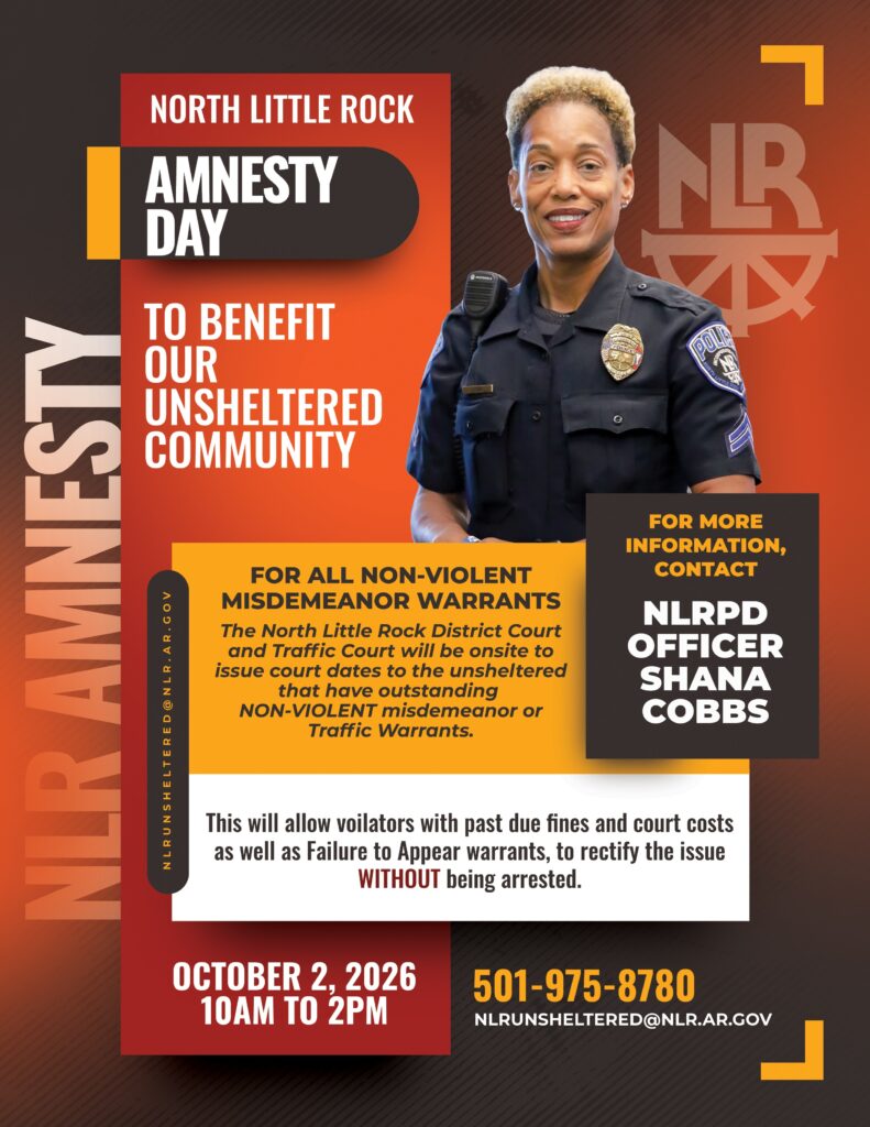 Promotional flyer for North Little Rock Amnesty Day featuring Officer Shana Cobbs in uniform. Event details explain that the initiative benefits the unsheltered community by helping resolve non-violent misdemeanor and traffic warrants without arrest.