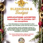 Festive flyer for the North Little Rock Police Department’s “Blessings & Badges” program. The design features gold, silver, and red ornaments with evergreen branches framing the text. A gold ribbon bow sits at the top above the title. The flyer announces application dates, eligibility details, and contact information for Cynthia Rice.