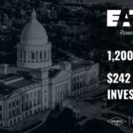 Aerial view of the Arkansas State Capitol building in Little Rock with white text overlay announcing Eaton’s investment. The text reads “Eaton – Powering Business Worldwide. 1,200+ New Jobs. $242 Million Investment.” Logos for Arkansas Inc, Metro Little Rock, North Little Rock, and Pulaski County appear at the bottom.