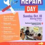 Colorful event flyer for “Repair Day,” a free community event on Sunday, October 18 from 11 a.m. to 4 p.m. at the Southwest Community Center in Little Rock. The graphic lists activities including a Repair Café, swap meet, vendor fair, food truck, and a film screening. A photo shows people sewing at a table. Logos for partner organizations appear at the bottom.