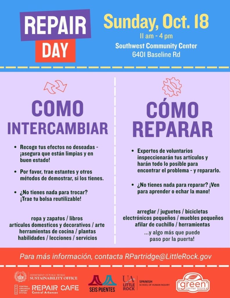 Spanish‑language flyer for “Repair Day,” listing event details and instructions on how to participate in the swap meet and Repair Café. Includes examples of items to bring, repair categories, and partner logos.