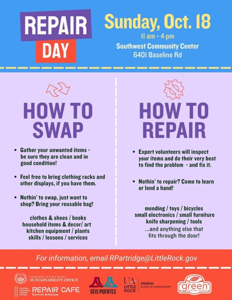 English‑language flyer for “Repair Day,” outlining how to participate in the swap meet and Repair Café. Lists examples of items to exchange or repair and includes partner logos and contact information.