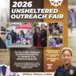 Flyer for the 2026 Unsheltered Outreach Fair hosted by the City of North Little Rock, featuring Officer Shana Cobbs and community photos. Event aims to share resources and support individuals experiencing homelessness.