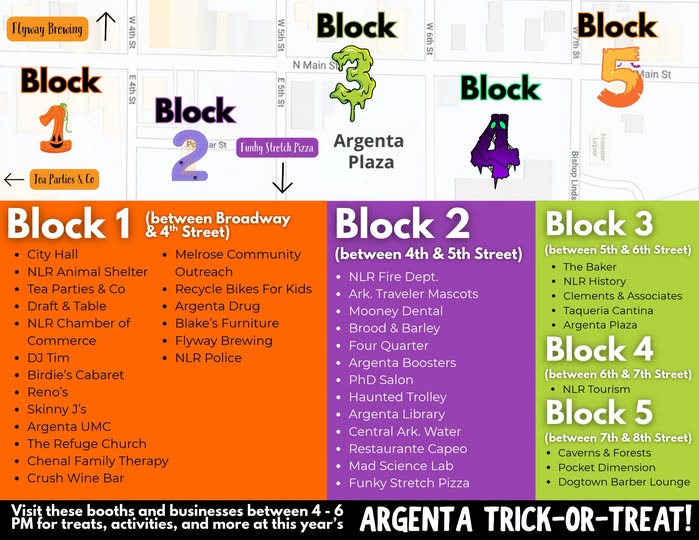 Promotional flyer for Downtown Argenta Trick-or-Treat in North Little Rock. Three children wearing Halloween costumes are pictured across the top of a purple background decorated with Halloween-themed illustrations. Large orange text reads "Downtown Argenta Trick-or-Treat!" Event details state: Main Street, North Little Rock, Friday, October 30, from 4:00 to 6:00 p.m. The flyer invites families to join local businesses, North Little Rock Fire and Police, the NLR Metro Trolley, the Dickey-Stephens mascot team, and others for trick-or-treating, games, and activities at the Argenta Library. City of North Little Rock and North Little Rock Public Library logos appear at the bottom.