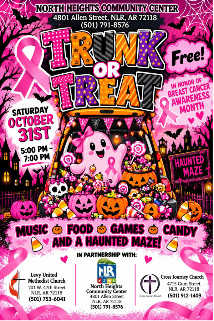 Colorful pink Halloween-themed flyer promoting a free Trunk or Treat event on Saturday, October 31, from 5:00 p.m. to 7:00 p.m. at North Heights Community Center in North Little Rock. The flyer features a pink breast cancer awareness ribbon, decorated pumpkins, candy, a ghost, and a haunted maze theme.v