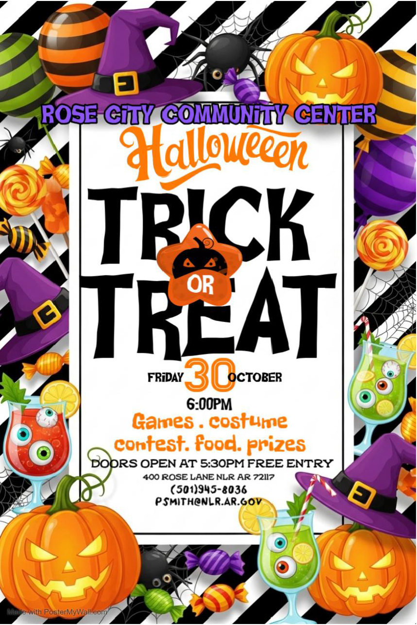 Halloween-themed flyer for Rose City Community Center's Trunk or Treat event on Friday, October 30, at 6:00 p.m. The flyer features jack-o'-lanterns, witches' hats, spiders, candy, and colorful Halloween decorations.