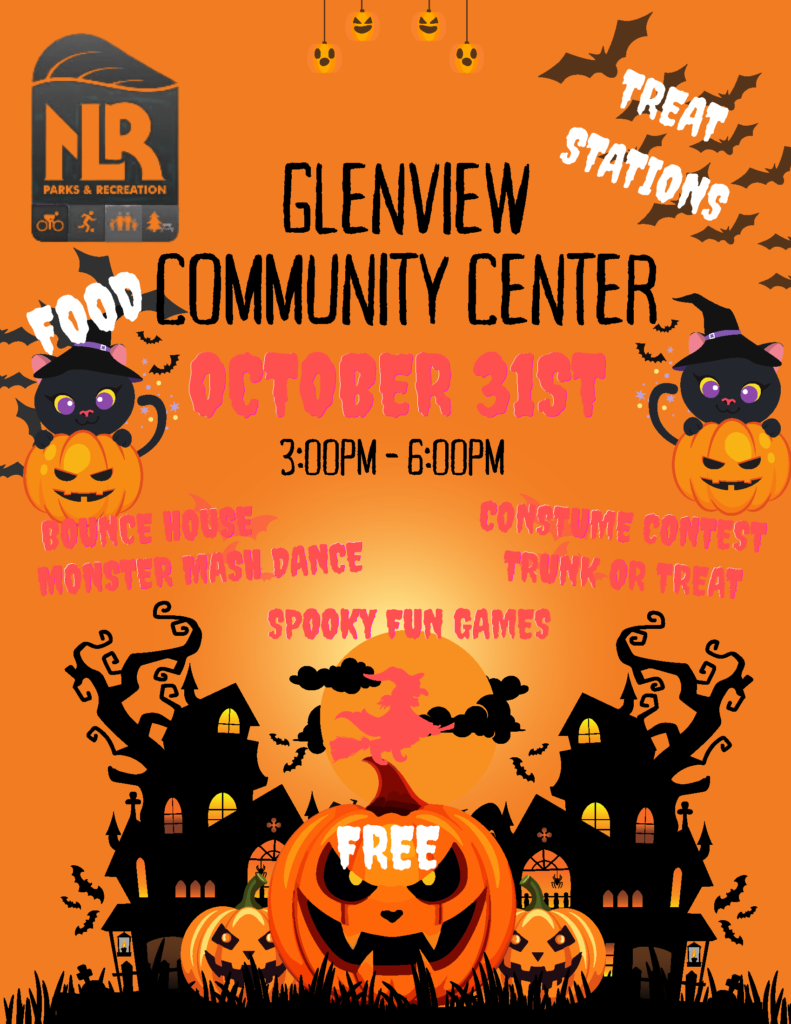 Orange Halloween-themed flyer for Glenview Community Center's free Halloween event on October 31 from 3:00 p.m. to 6:00 p.m. featuring trunk-or-treat stations, a costume contest, bounce house, games, and a Monster Mash dance.