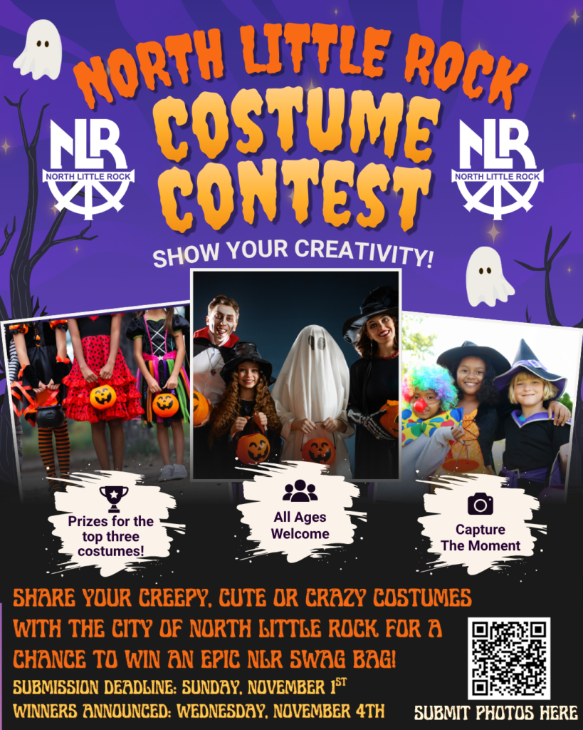 Halloween-themed North Little Rock Costume Contest flyer featuring purple and orange graphics, ghosts, trees, and photos of children and families in Halloween costumes. The flyer invites participants of all ages to submit costume photos for a chance to win prizes and a North Little Rock swag bag. A QR code is included for photo submissions.