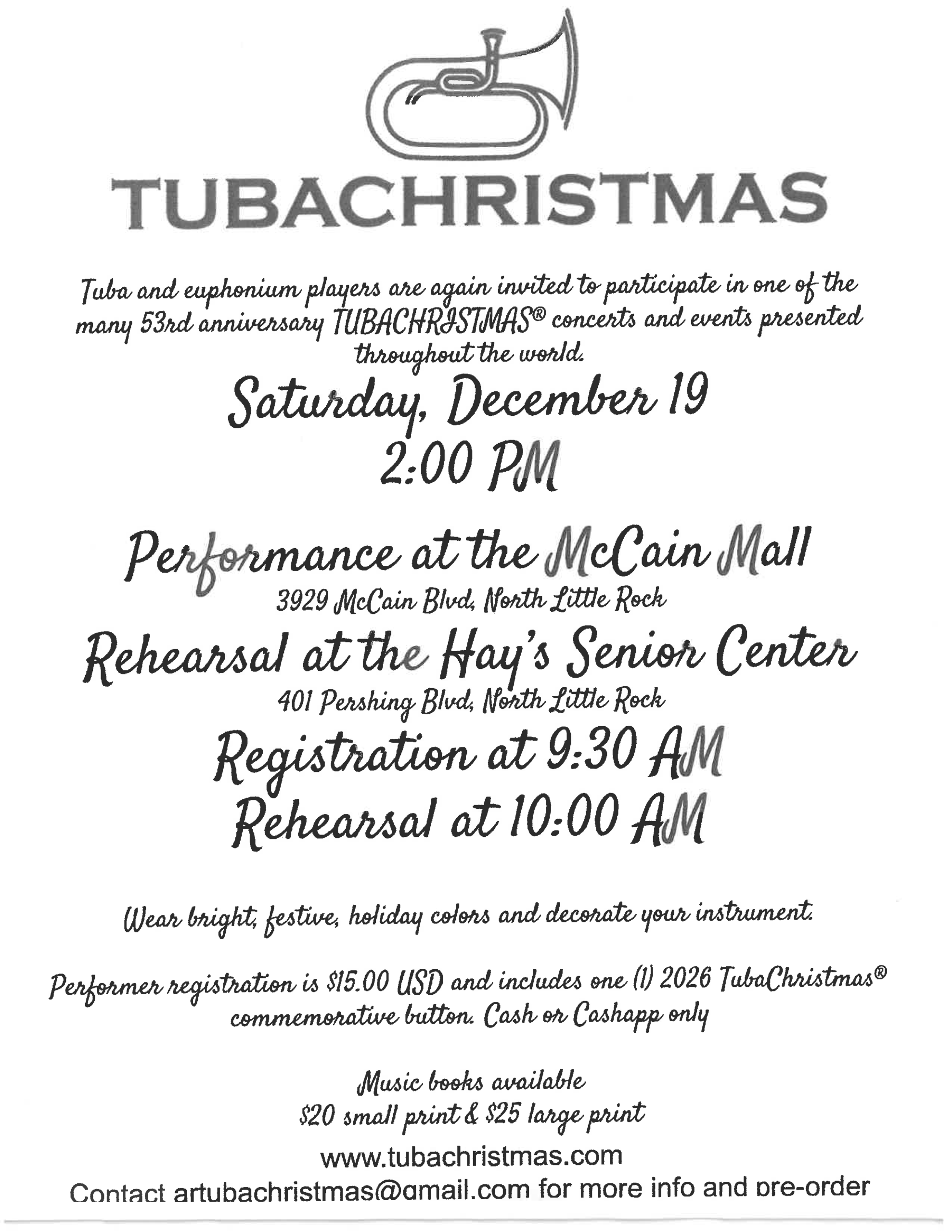 TUBACHRISTMAS flyer featuring a tuba graphic and event information for a holiday concert on December 19 at 2:00 p.m. at McCain Mall in North Little Rock. The flyer invites tuba and euphonium players to participate and includes rehearsal information, registration costs, music book pricing, and contact information.