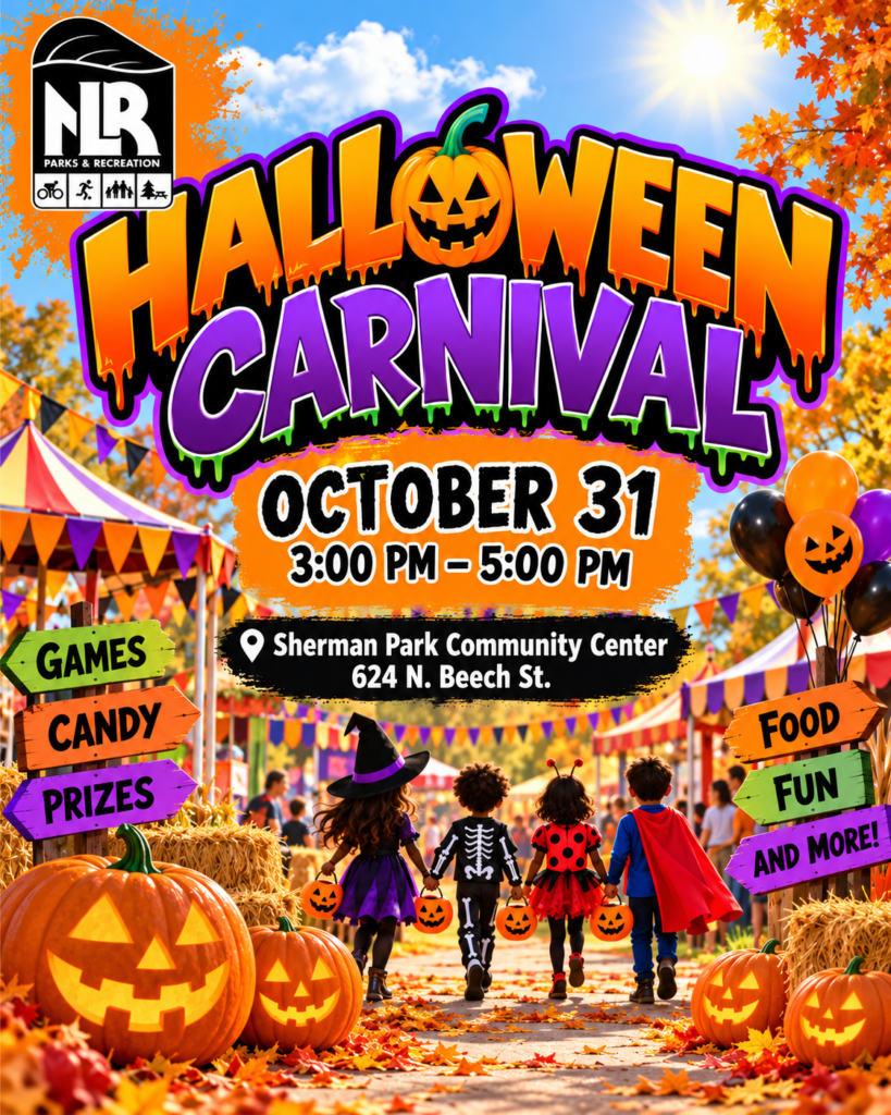 Halloween Carnival flyer featuring children in costumes walking through a carnival at night. Event details announce the carnival on October 31 from 5:30 p.m. to 8:00 p.m. at Sherman Park Community Center.