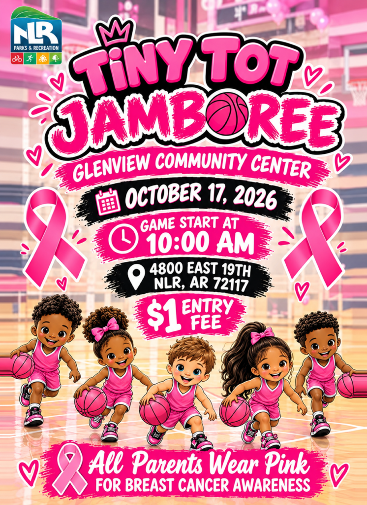 Graphic promoting the Tiny Tot Basketball Jamboree at Glenview Community Center on October 17, 2026. The pink-themed flyer features illustrated young basketball players, breast cancer awareness ribbons, and event details including a 10:00 a.m. start time, a $1 entry fee, and a reminder for parents to wear pink in support of breast cancer awareness.